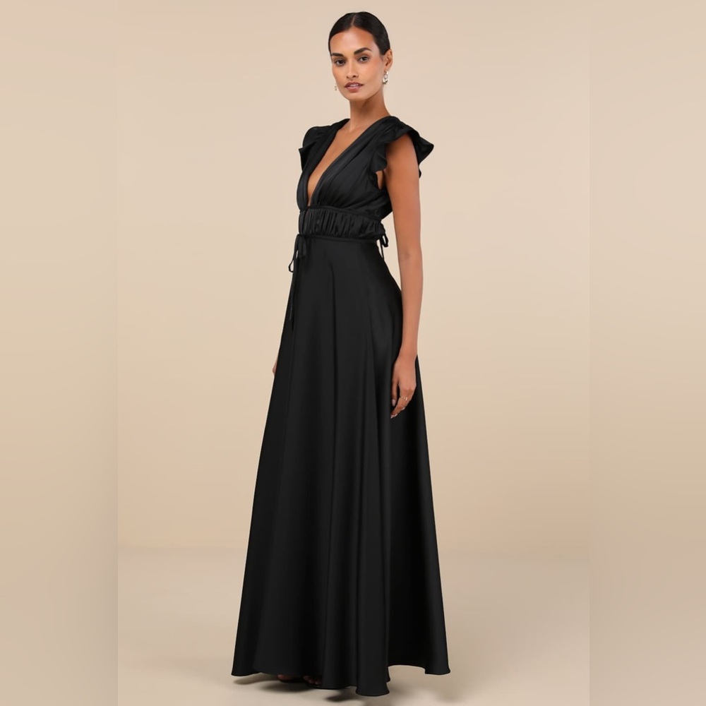 Lulus I'm All Yours Black Satin Cutout Ruffled Maxi Dress - Picture 2 of 8